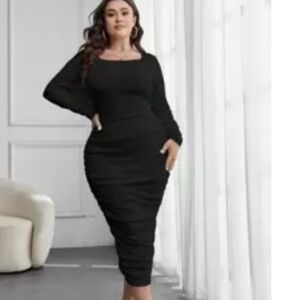 Women Midi Dresses Fall Long Sleeve Ruched Bodycon